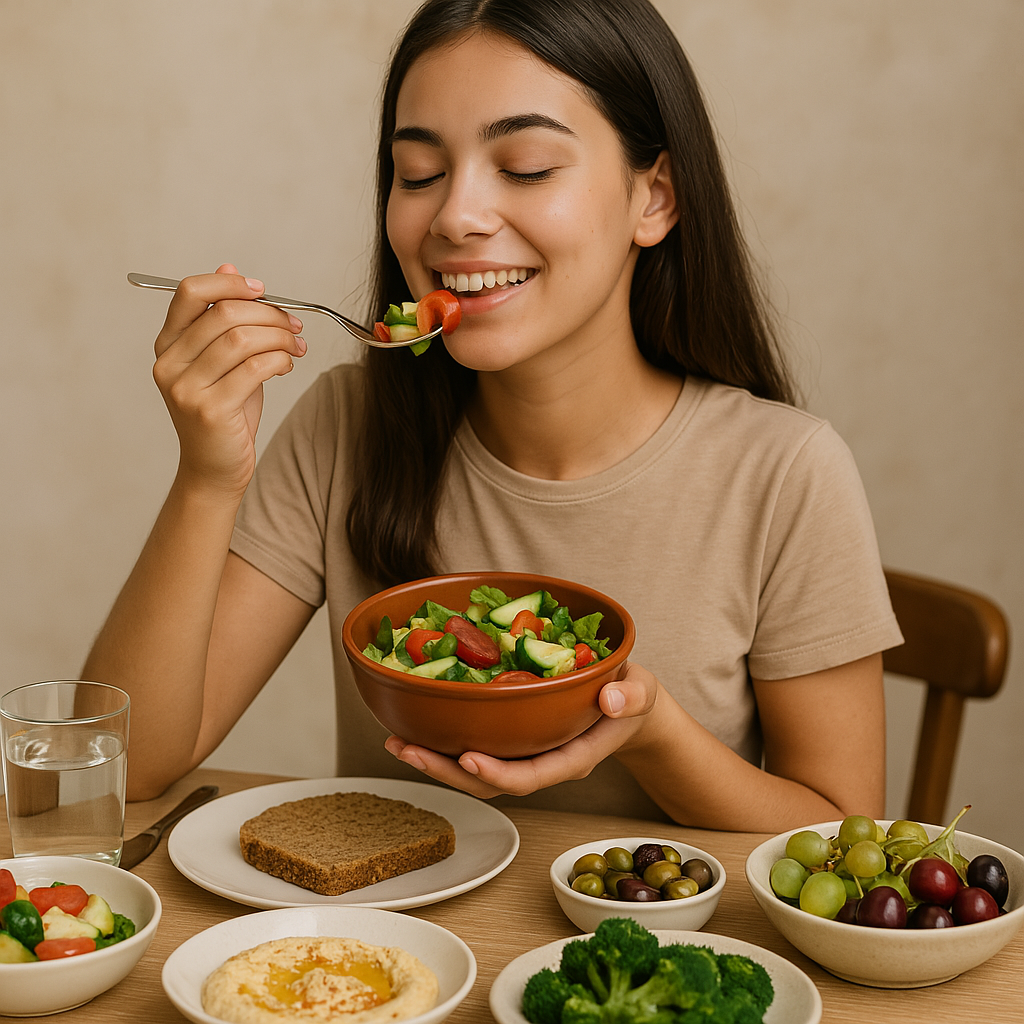 young girl with clear skin eating Mediterranean diet 