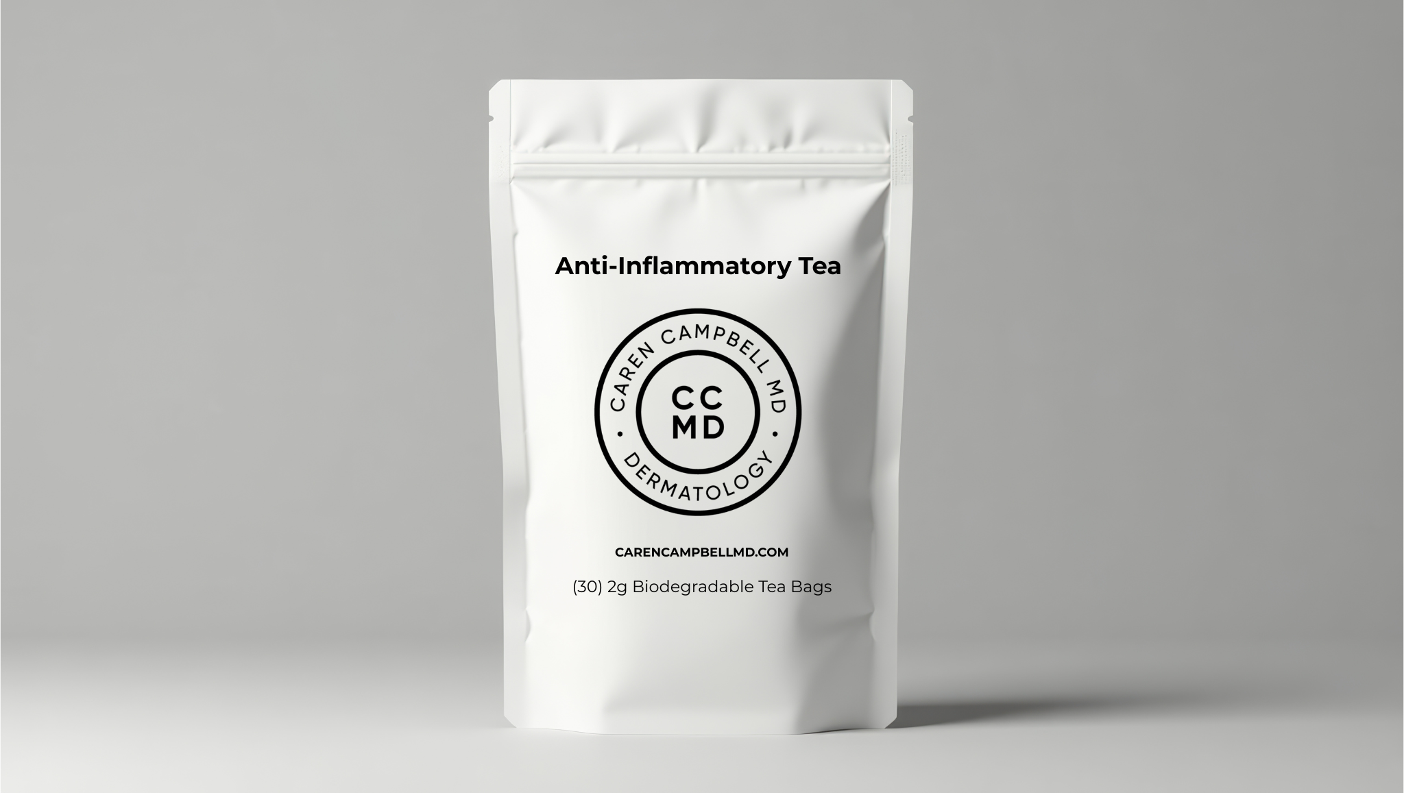 CCMD Anti-Inflammatory Tea front label, dermatologist-curated herbal tea from Caren Campbell MD Dermatology in San Francisco