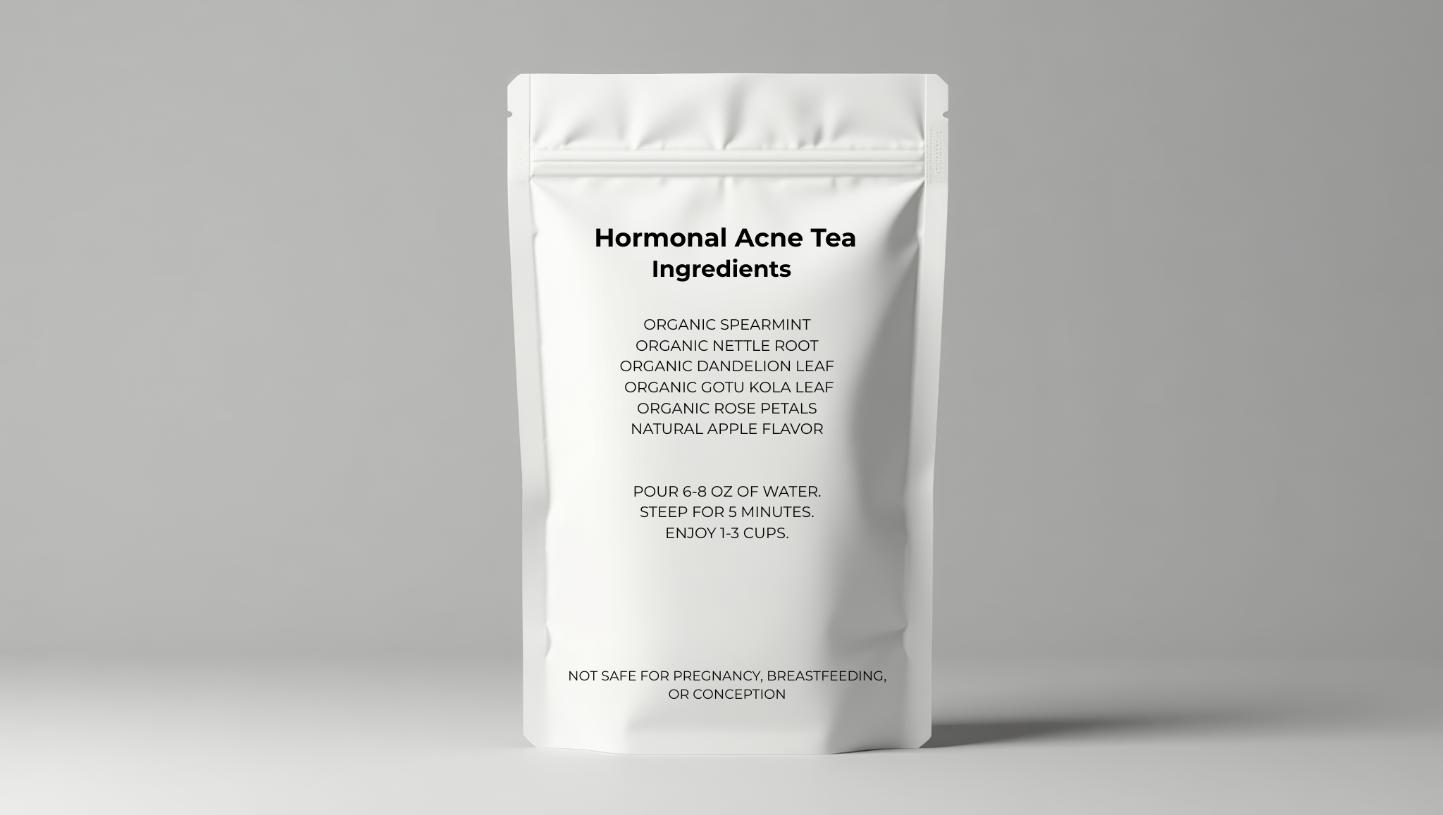 CCMD Hormonal Acne Tea back label with ingredients and brewing instructions