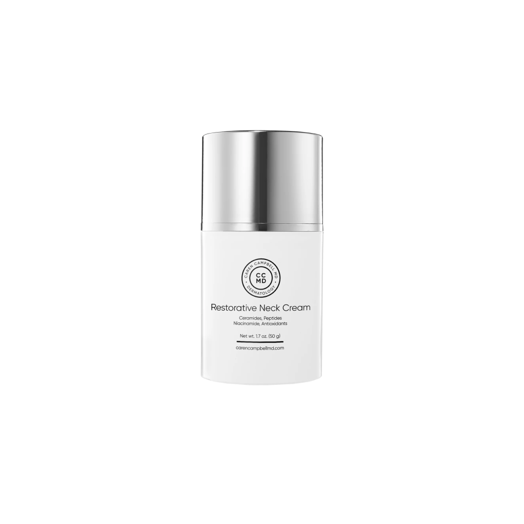 Dermatologist formulated CCMD Restorative Neck Cream with peptides, ceramides and antioxidants for anti-aging. Hydrating and healing neck cream by San Francisco dermatologist Dr. Caren Campbell