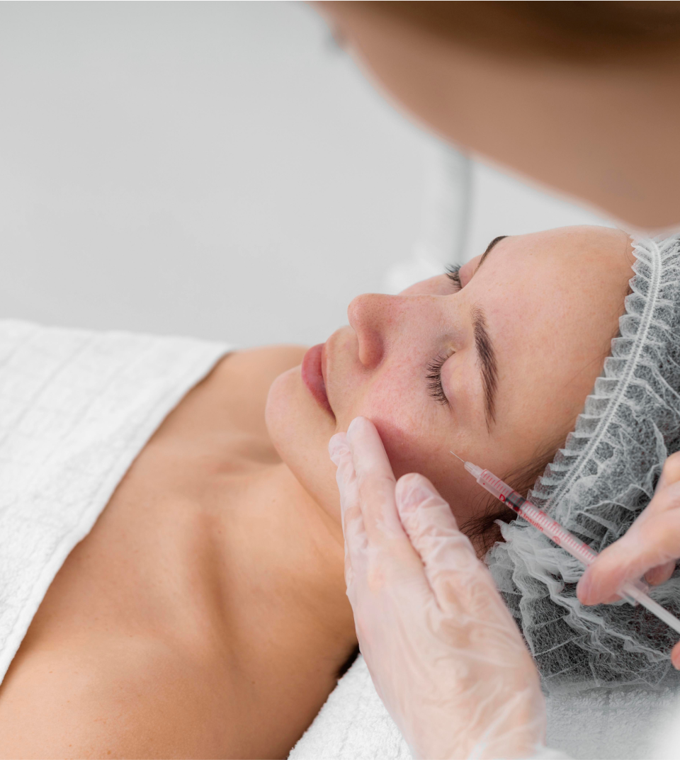 Patient receiving a cosmetic injectable treatment from a gloved provider at Caren Campbell MD Dermatology, a board-certified cosmetic dermatology practice in San Francisco